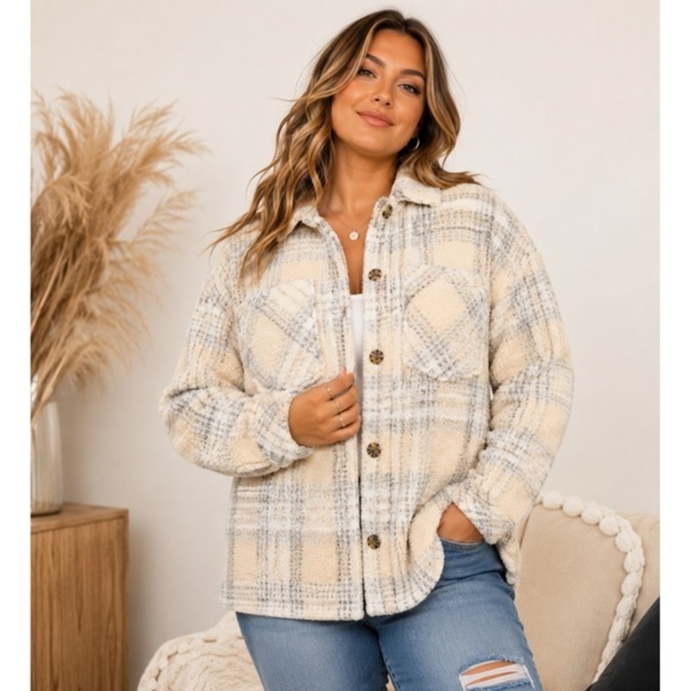 Cozy Button Front Shacket Plaid Whipped Cream 4X (28W-30W) New NWT Cream Gray